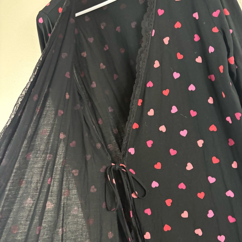 Victorias Secret Black Robe Pink Red Hearts Med/ Large Lace Trim Y2K - Picture 3 of 5